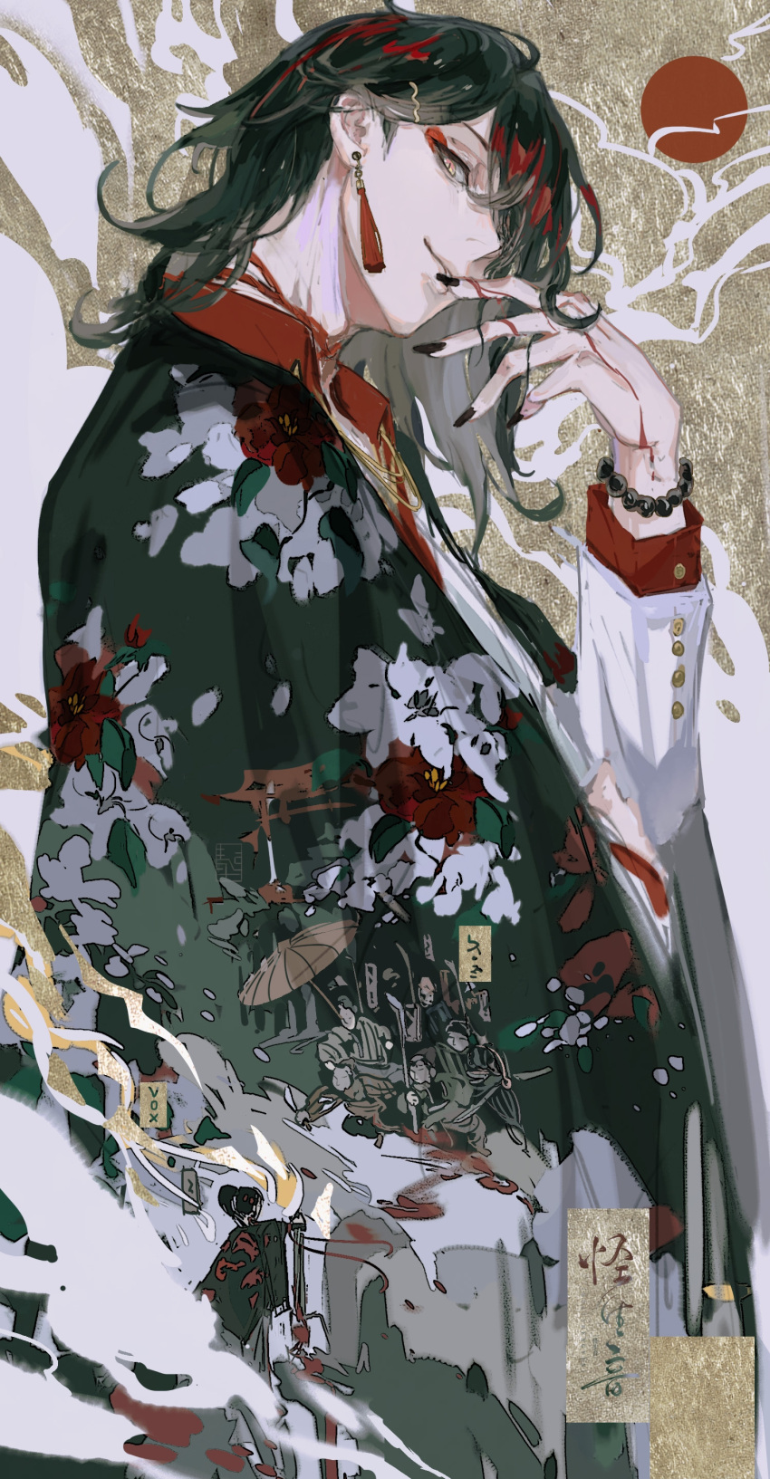 1boy, absurdres, bead_bracelet, beads, black_hair, black_kimono, black_nails, blood, blood_on_hands, bracelet, brown_background, buttons, chinese_commentary, choker, closed_mouth, collared_shirt, commentary_request, dress_shirt, earrings, eyeshadow, finger_to_mouth, fingernails, floral_print, guaishengyin, hair_ornament, hairclip, hand_up, head_tilt, highres, jacket, japanese_clothes, jewelry, kimono, kimono_on_shoulders, long_hair, long_sleeves, looking_at_viewer, looking_to_the_side, makeup, male_focus, multicolored_hair, nail_polish, nijisanji, nijisanji_en, parted_bangs, print_kimono, red_choker, red_eyeshadow, red_shirt, redhead, shirt, sidelocks, smile, smoke, solo, swept_bangs, tassel, tassel_earrings, virtual_youtuber, vox_akuma, vox_akuma_(1st_costume), white_jacket, yellow_eyes