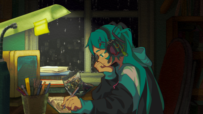 1girl, absurdres, black_jacket, blue_eyes, blue_hair, book, cable, chair