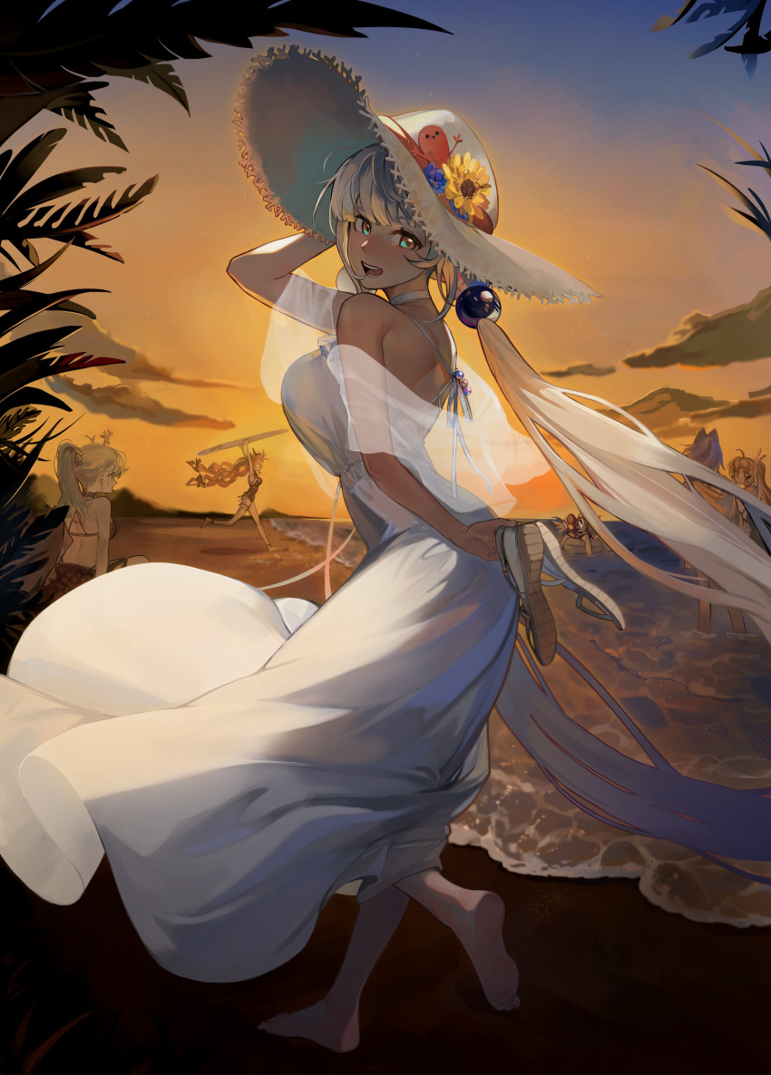 absurdres, antlers, barefoot, beach, blonde_hair, blue_hair, breasts, brown_hair