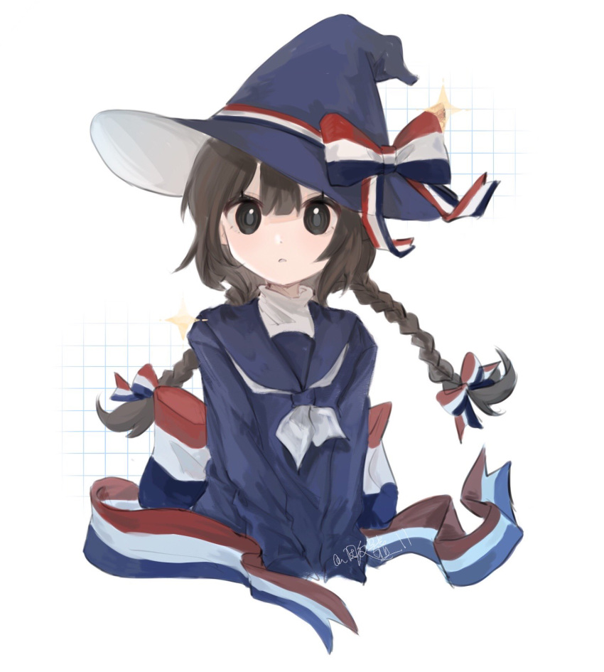 1girl, black_eyes, blue_dress, blue_headwear, blue_sailor_collar, bow, braid, brown_hair