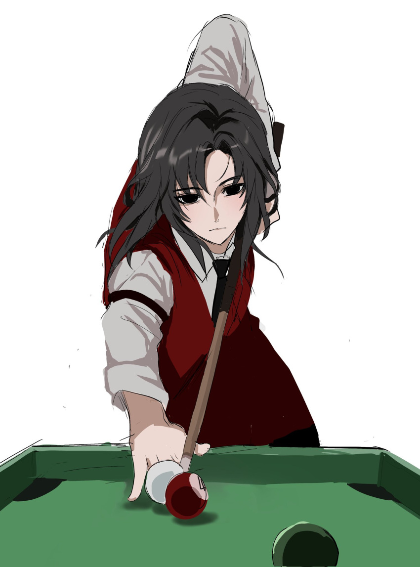 1boy, arm_strap, ball, billiard_ball, black_eyes, black_hair, black_necktie, closed_mouth