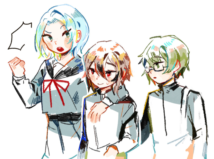 1girl, 2boys, alternate_universe, aqua_eyes, arm_around_neck, bamtoast, blue_hair, bright_pupils