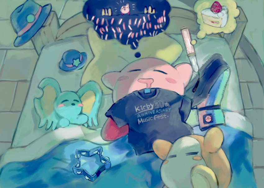 animal_ears, bed_sheet, black_shirt, blue_headwear, blush_stickers, cake, cake_slice, colored_skin
