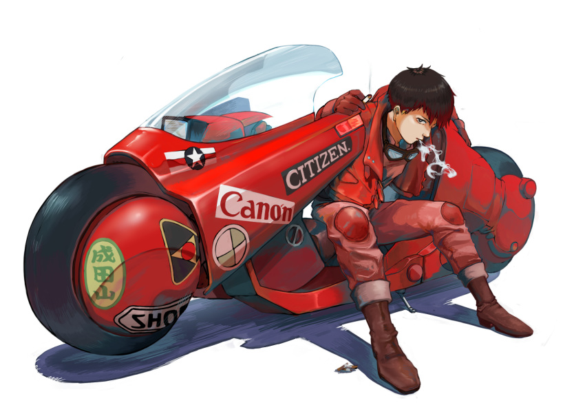 1boy, akira, biker_clothes, black_eyes, blowing_smoke, boots, brown_footwear, brown_hair