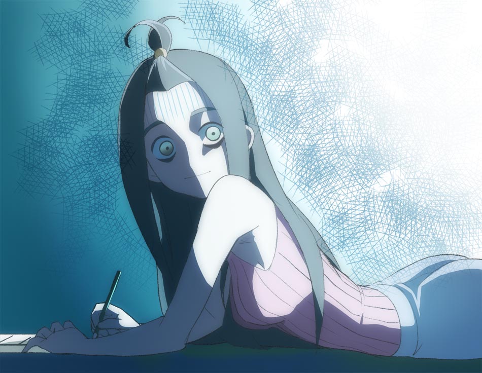 1girl, black_hair, breasts, closed_mouth, haruyama_kazunori, horror_(theme), kakei_ami, kakushigoto