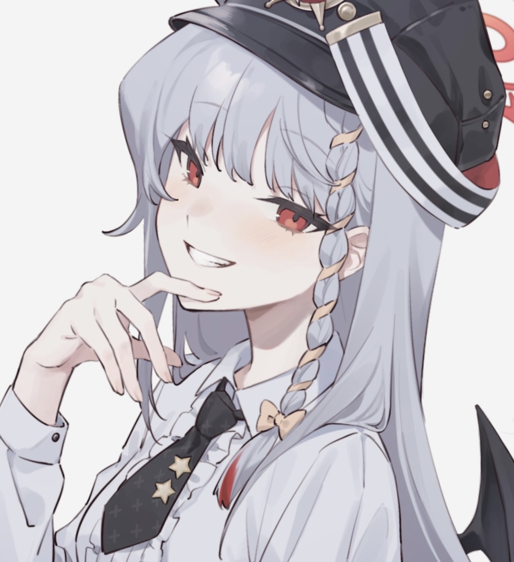 1girl, black_headwear, black_necktie, blue_archive, blush, braid, breasts, center_frills