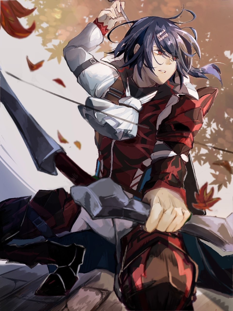 1boy, alcryst_(fire_emblem), armor, ascot, blue_hair, bow_(weapon), fire_emblem, fire_emblem_engage, hair_ornament, hairclip, highres, holding, holding_bow_(weapon), holding_weapon, kanikun03, long_sleeves, looking_to_the_side, red_eyes, shirt, short_hair, solo, vest, weapon, white_ascot, white_shirt