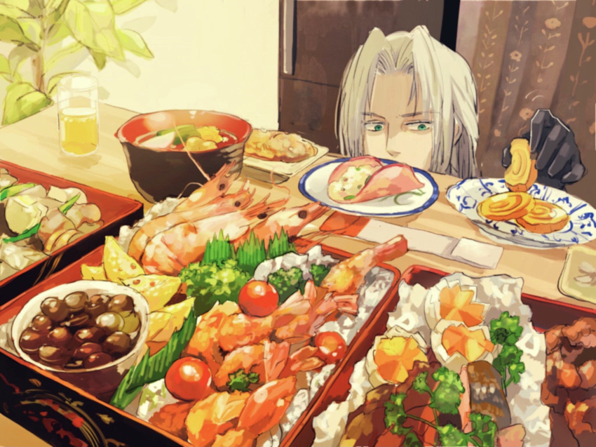 1boy, black_gloves, bombyxmori_ckr, bowl, cup, egg, final_fantasy, final_fantasy_vii, food, gloves, green_eyes, grey_hair, highres, holding, holding_food, long_bangs, long_hair, looking_at_food, male_focus, parted_bangs, plant, rice, sephiroth, shrimp, solo, table, tomato, tray