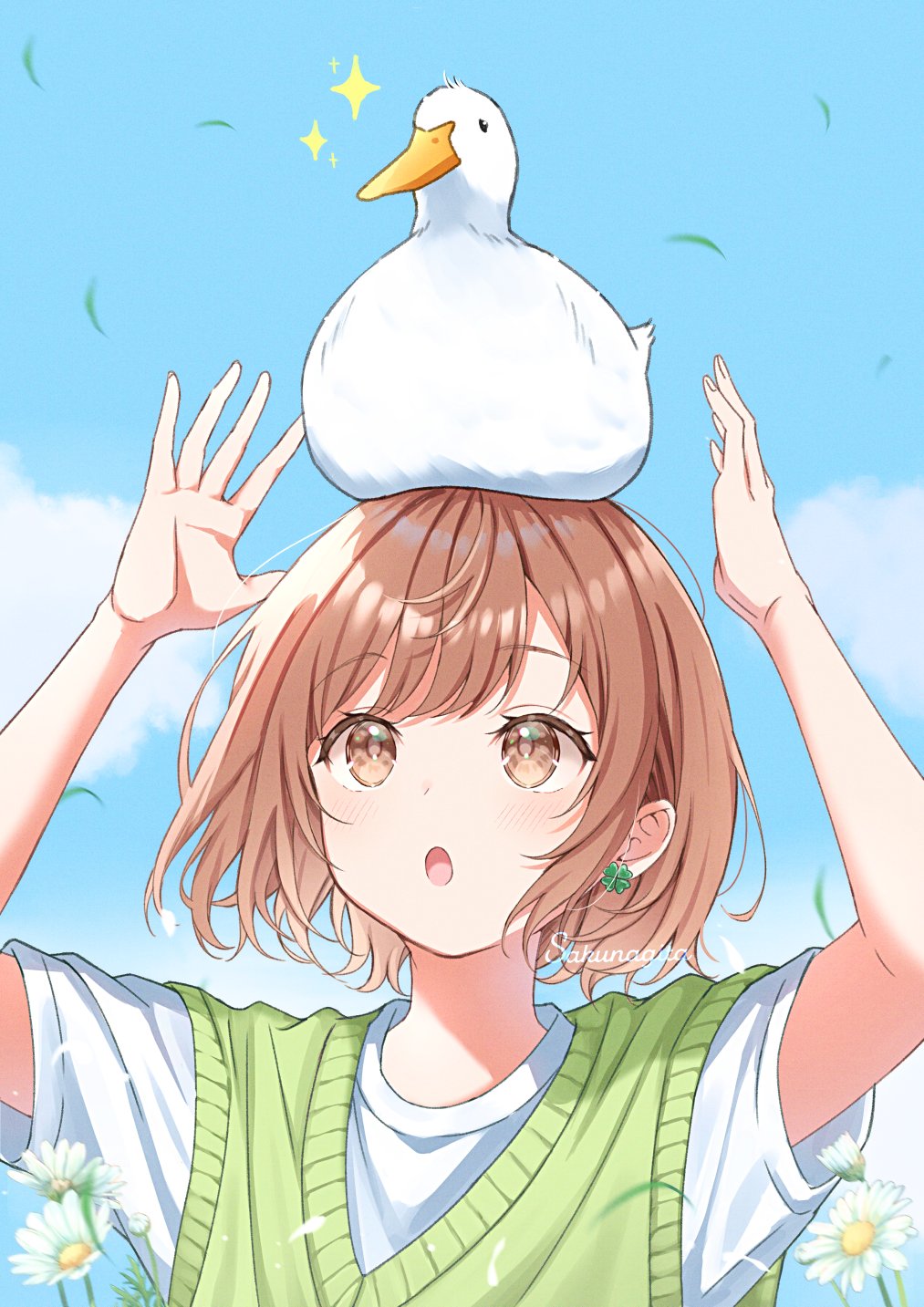 1girl, animal_on_head, bird, blush, brown_eyes, brown_hair, duck, duck_on_head, four-leaf_clover_earrings, green_sweater_vest, highres, on_head, open_mouth, original, sakunagita, shirt, short_hair, solo, sparkle, sweater_vest, t-shirt, white_shirt
