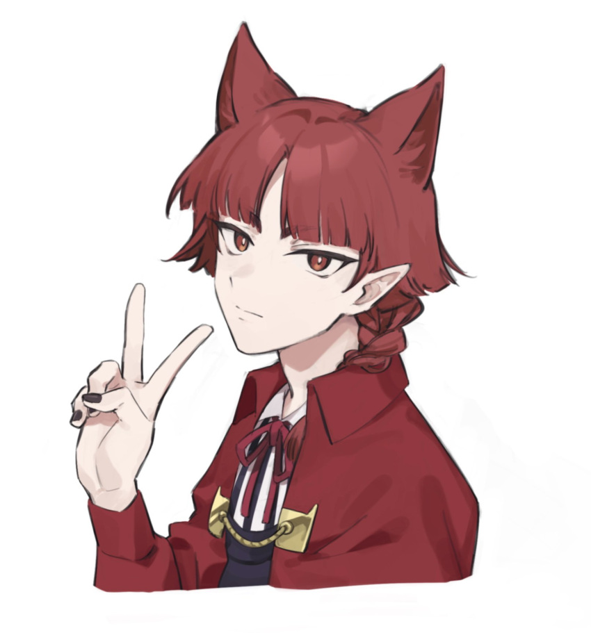 1other, animal_ears, braid, braided_ponytail, cat_ears, closed_mouth, coat, collared_shirt