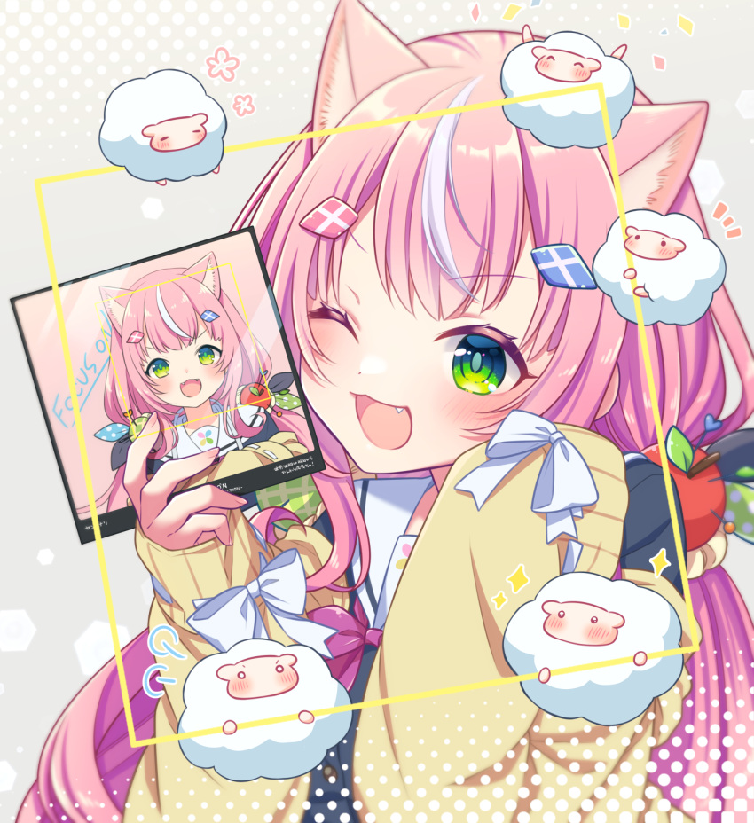 1girl, animal_ears, apple_hair_ornament, black_skirt, cardigan, cat_ears, cat_girl, commentary_request