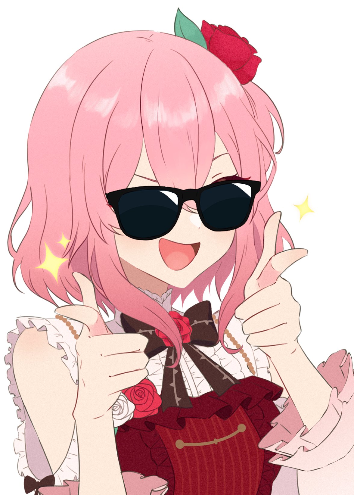 1girl, bare_shoulders, black_bow, black_bowtie, bow, bowtie, clothing_cutout, finger_gun