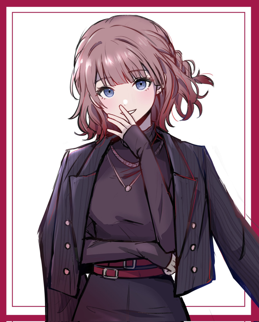 1girl, belt, black_jacket, black_skirt, black_sweater, blue_eyes, brown_hair, highres