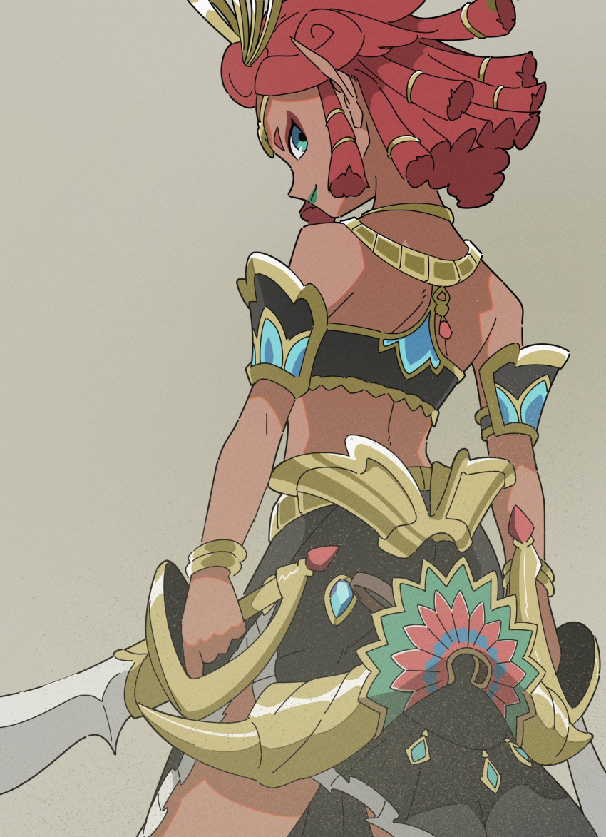 aqua_eyes, aqua_lips, arabian_clothes, armor, back, bare_shoulders, black_skirt, blunt_ends