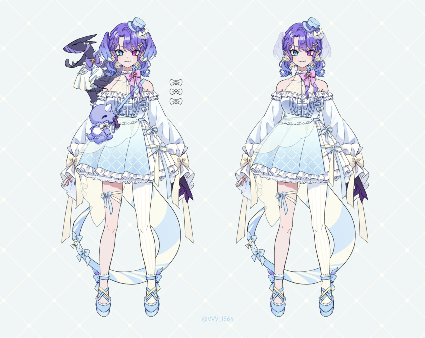 1girl, bag, blue_eyes, blue_footwear, bow, commentary, dragon_tail, dress