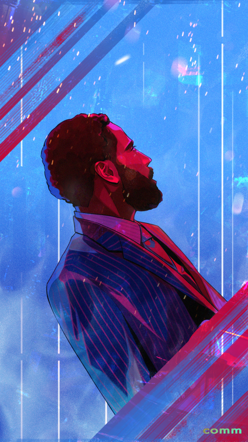 1boy, artist_name, beard, black_suit, comm327, dark-skinned_male, dark_skin, facial_hair