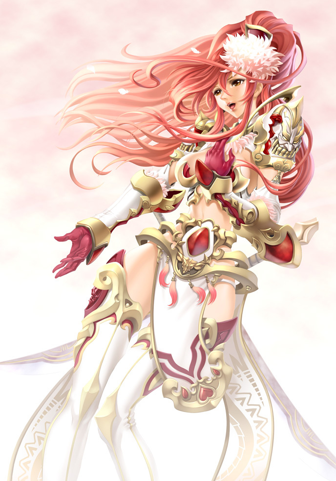 amane_(tenchitairan), armor, bangs, bikini_armor, boots, bracer, breasts, brown_eyes, cleavage_cutout, cloud, dress, elbow_gloves, fantasy, flower, gem, gloves, hair_flower, hair_ornament, hand_on_own_chest, heart, high_ponytail, large_breasts, lipstick, loincloth, long_hair, looking_away, maeda_hiroyuki, midriff, narrow_waist, no_bra, no_panties, open_mouth, orange_eyes, outdoors, outstretched_arm, outstretched_hand, payot, petals, pink_hair, pink_lipstick, ponytail, sideboob, sky, smile, solo, standing, swept_bangs, sword, tenchitairan, thigh-highs, thigh_boots, thigh_gap, thighhighs, thighs, turtleneck, weapon, white_legwear, wide_hips, wind, zettai_ryouiki