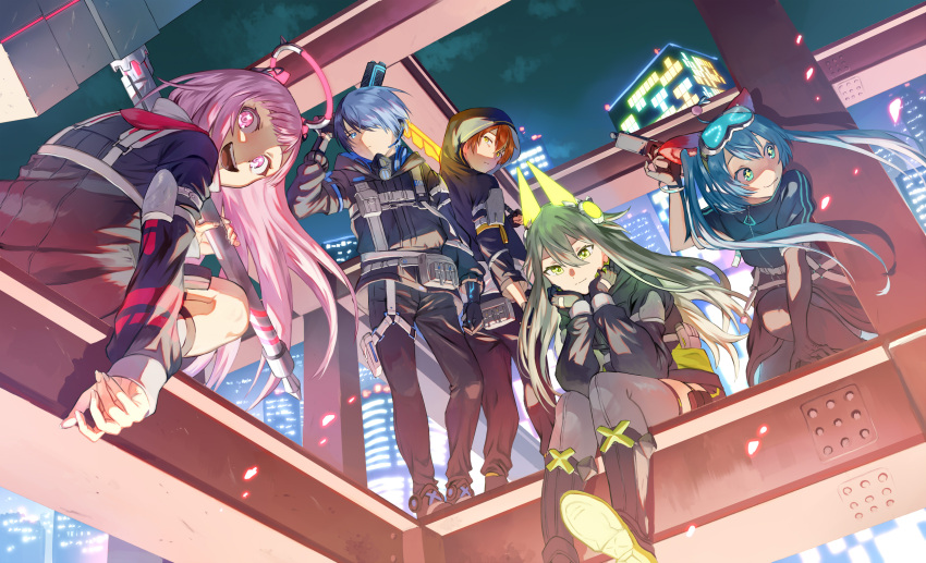 >_<, 3girls, aoyagi_touya, black_footwear, black_jacket, black_pants, blue_hair, boots