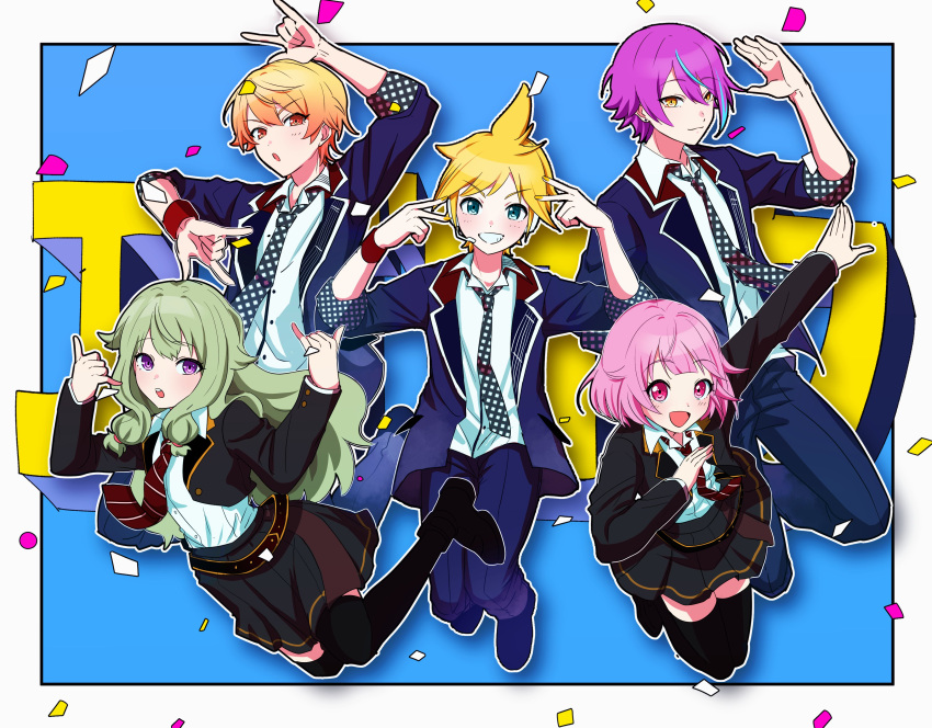 2girls, 3boys, absurdres, black_skirt, blonde_hair, blue_eyes, blue_jacket, blue_pants, checkered_necktie, commentary, confetti, ego_rock_(vocaloid), headphones, highres, jacket, kagamine_len, kamishiro_rui, kusanagi_nene, long_hair, multicolored_hair, multiple_boys, multiple_girls, necktie, ootori_emu, pants, pink_eyes, pink_hair, project_sekai, purple_hair, red_necktie, school_uniform, short_hair, skirt, streaked_hair, taro14_tea, tenma_tsukasa, vocaloid, wonderlands_x_showtime_(project_sekai), wonderlands_x_showtime_len, yellow_eyes