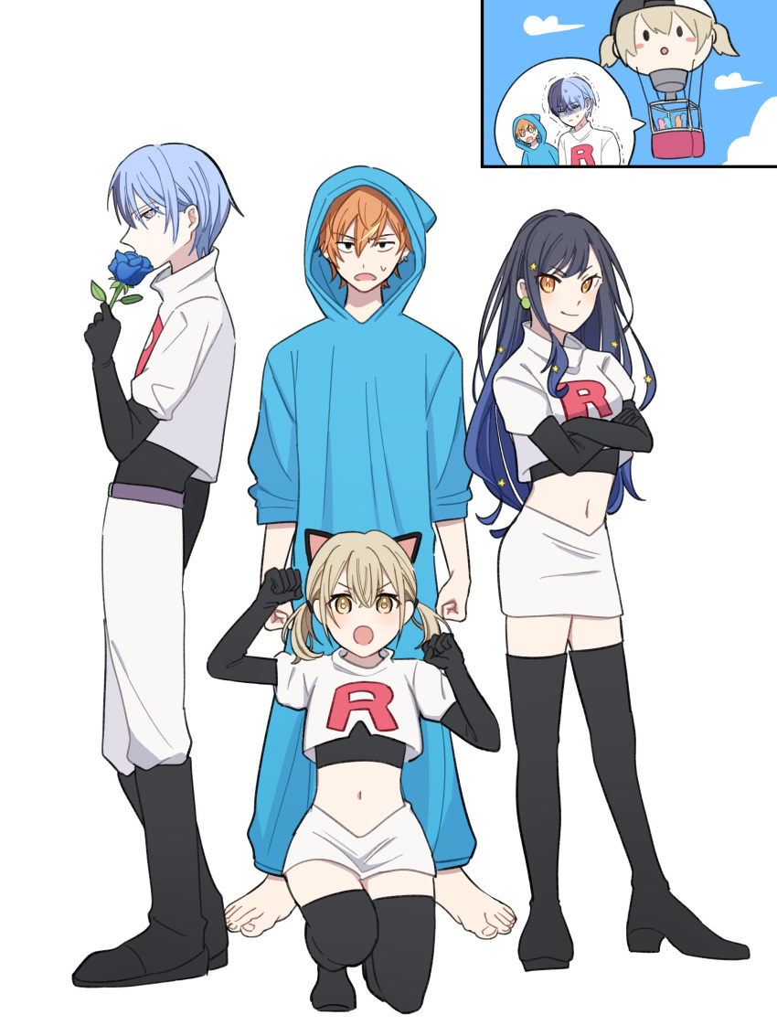 2boys, 2girls, absurdres, animal_ears, aoyagi_touya, azusawa_kohane, barefoot, black_footwear, black_gloves, blue_flower, blue_rose, boots, cat_ears, cosplay, flower, gloves, highres, holding, holding_flower, james_(pokemon), james_(pokemon)_(cosplay), jessie_(pokemon), jessie_(pokemon)_(cosplay), kigurumi, looking_at_viewer, meowth, meowth_(cosplay), multicolored_hair, multiple_boys, multiple_girls, mykisnk, open_mouth, pants, pokemon, project_sekai, rose, shinonome_akito, shiraishi_an, shirt, simple_background, skirt, split-color_hair, sweat, team_rocket, thigh_boots, vivid_bad_squad_(project_sekai), white_background, white_pants, white_shirt, white_skirt, wobbuffet, wobbuffet_(cosplay), yellow_eyes