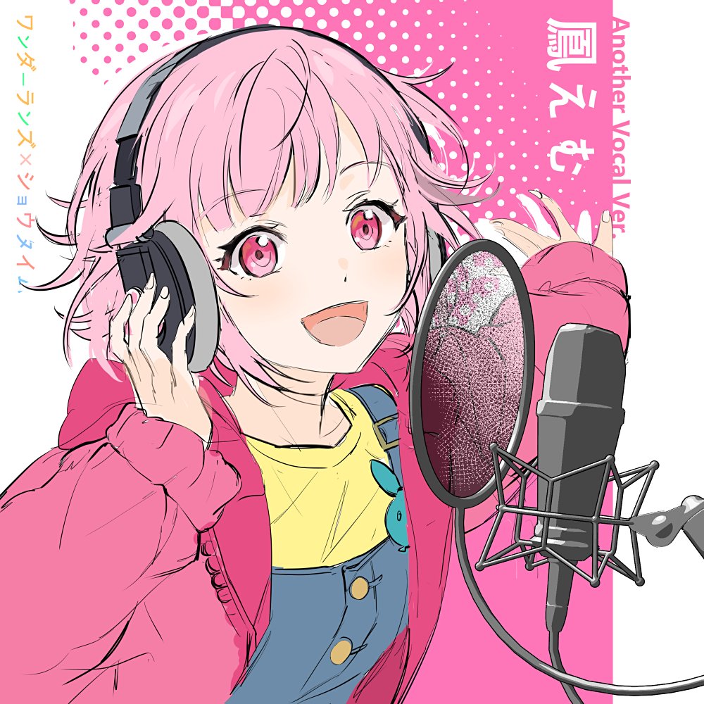 1girl, blue_overalls, headphones, iwatnc, jacket, long_sleeves, looking_at_viewer, microphone