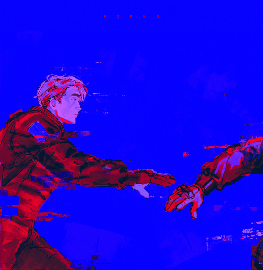 02png, 1boy, artist_name, blonde_hair, blue_background, blue_eyes, body_armor, cowboy_shot