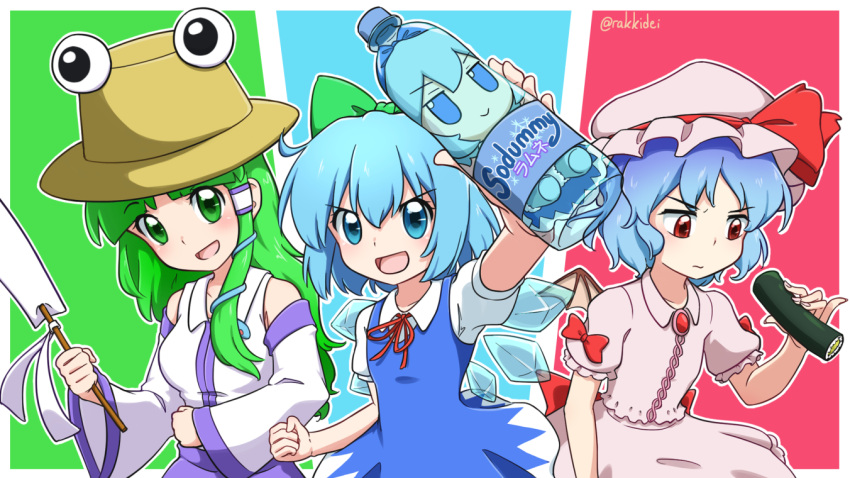 3girls, bat_wings, blue_eyes, blue_hair, bottle, cirno, dress, ehoumaki