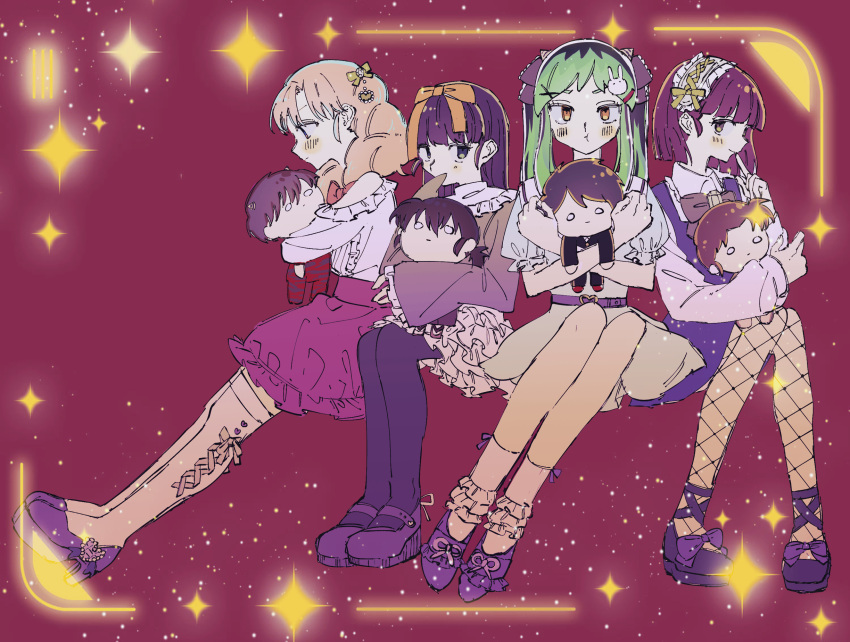4girls, alternate_costume, alternate_hairstyle, animal_print, belt, black_belt, black_dress, black_eyes
