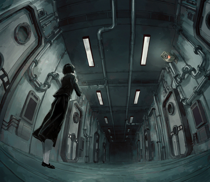 1other, absurdres, black_footwear, black_hair, black_jacket, black_skirt, catt_(wonder_lab), door