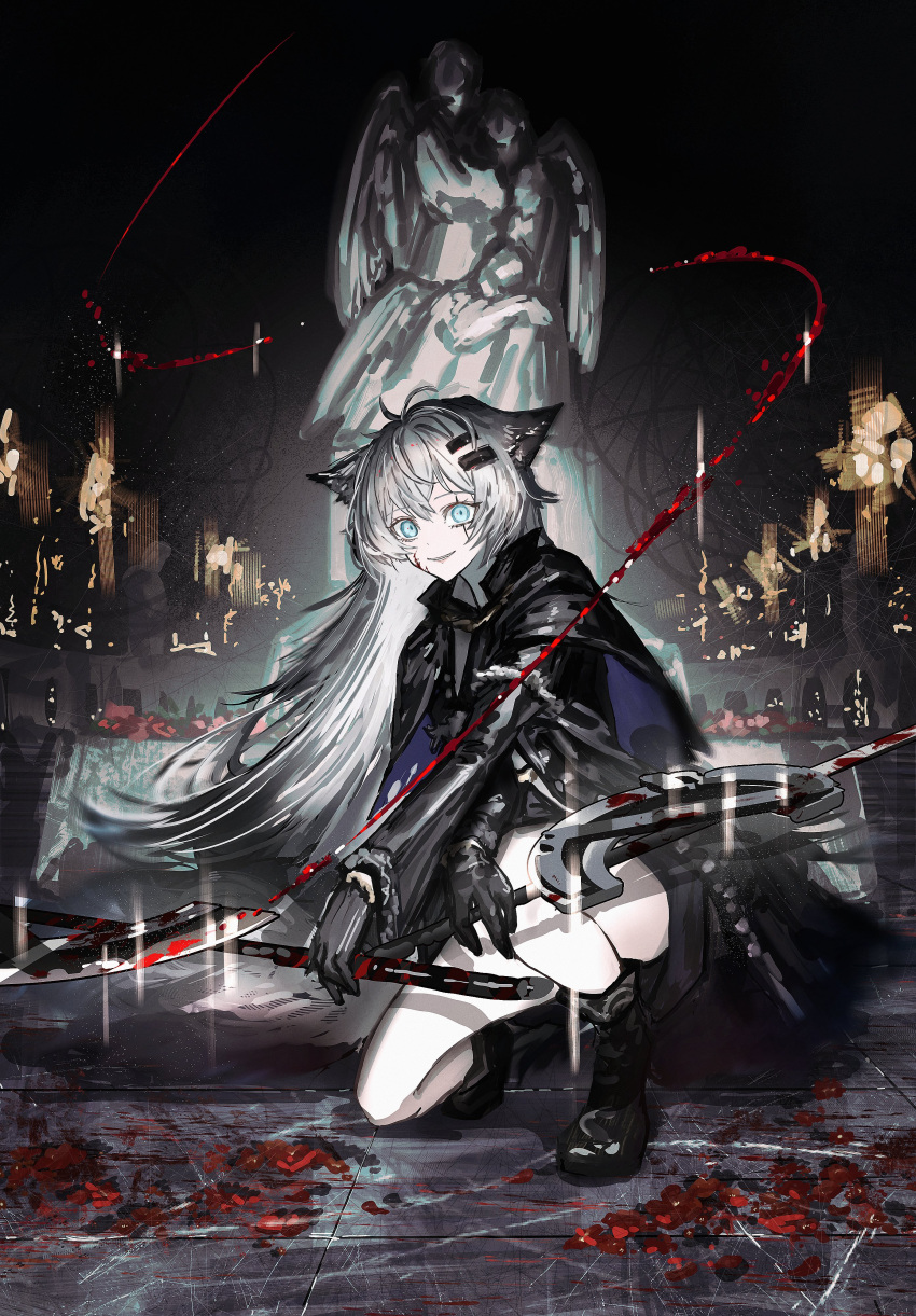 1girl, absurdres, angel_statue, animal_ears, arknights, black_coat, black_footwear, black_gloves, blood, blood_on_face, blood_on_ground, blue_eyes, coat, commentary, gawako, gloves, hair_ornament, hairclip, highres, holding, holding_sword, holding_weapon, lappland_(arknights), lappland_(refined_horrormare)_(arknights), light_particles, long_hair, looking_at_viewer, official_alternate_costume, on_one_knee, open_clothes, open_coat, parted_lips, scar, scar_across_eye, shorts, skyline, solo, statue, sword, weapon, white_hair, wolf_ears
