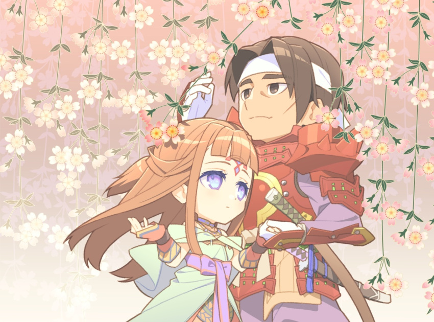 1girl, armor, blue_eyes, blunt_bangs, brown_eyes, brown_hair, cherry_blossoms, chibi