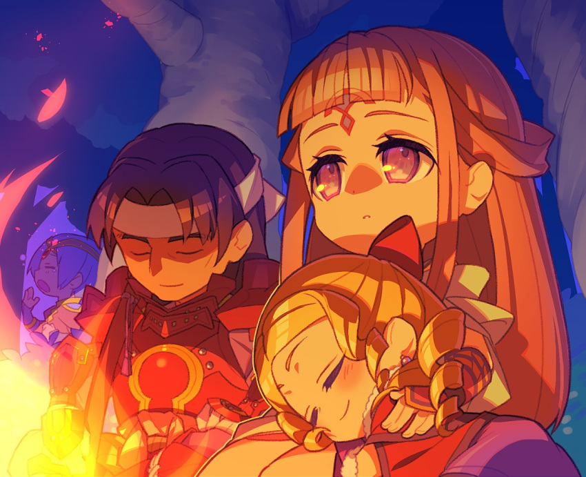 1boy, 3girls, armor, blonde_hair, blue_hair, blunt_bangs, blush, brown_hair