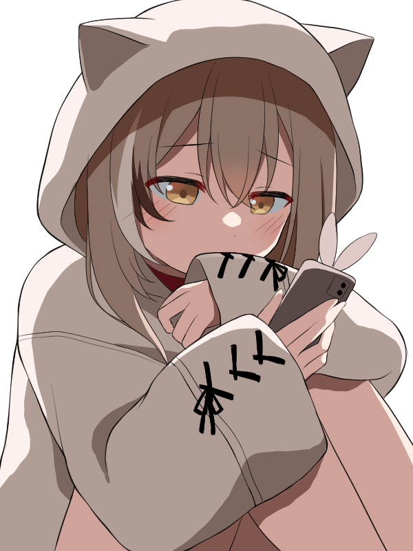 1girl, animal_hood, backlighting, blush, brown_eyes, brown_hair, brown_hoodie, cellphone