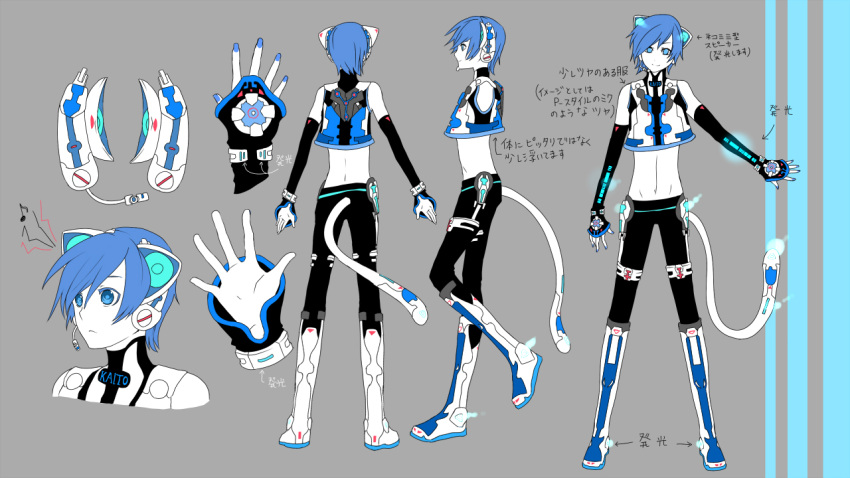 boots, cat_ears, cat_tail, character_sheet, concept_art, cyberneko, detached_sleeves, headphones