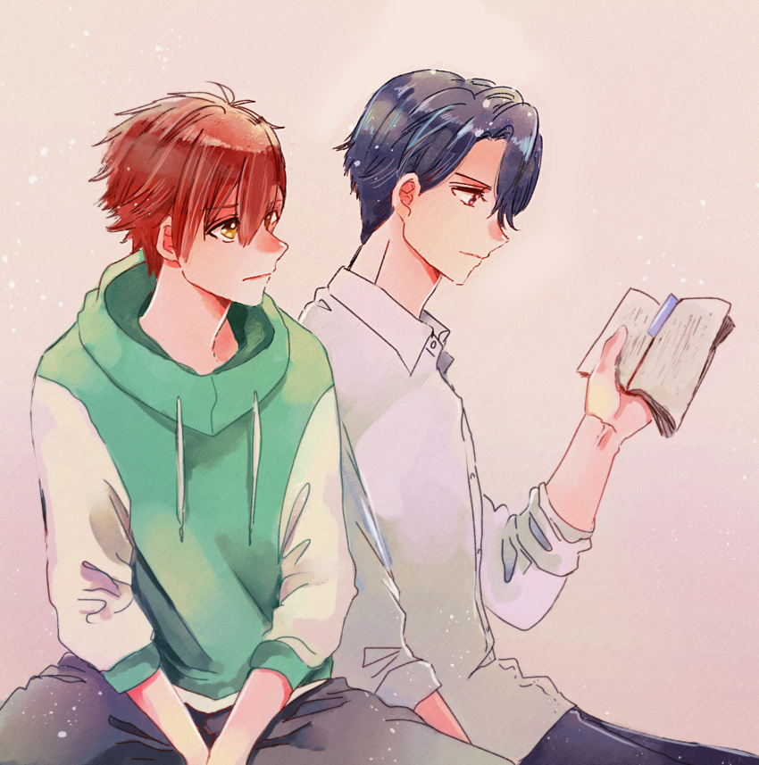 2boys, blue_hair, book, brown_eyes, hair_between_eyes, highres, hood, hoodie