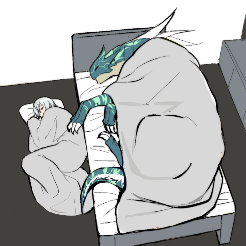 1boy, azi_dahaka_(under_night_in-birth), bed, bed_sheet, chaos_(under_night_in-birth), claws, closed_eyes, familiar