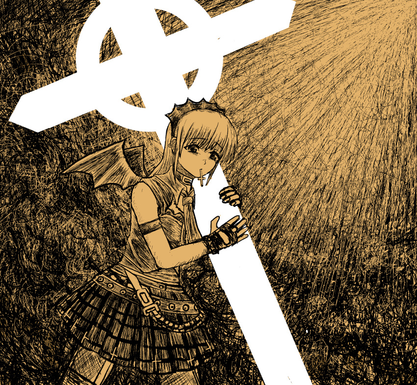 1girl, arm_strap, bat_wings, borrowed_character, collar, commentary, cowboy_shot, cross, english_commentary, fingerless_gloves, gloves, highres, holding, light, miniskirt, monochrome, mouth_hold, necktie, original, parody, shirt, skirt, sleeveless, sleeveless_shirt, solo, suzuhira_hiro_(style), toasty_rolls, wings