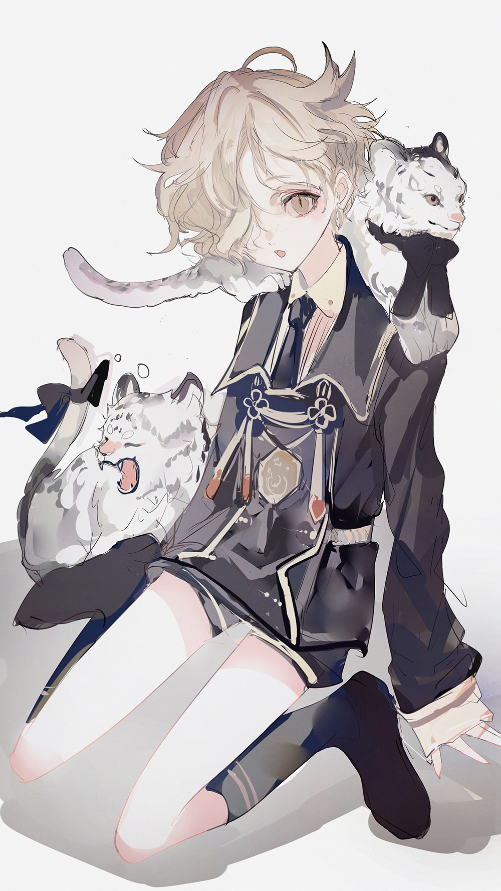 1boy, androgynous, black_jacket, black_necktie, black_shorts, black_socks, blonde_hair, collared_shirt