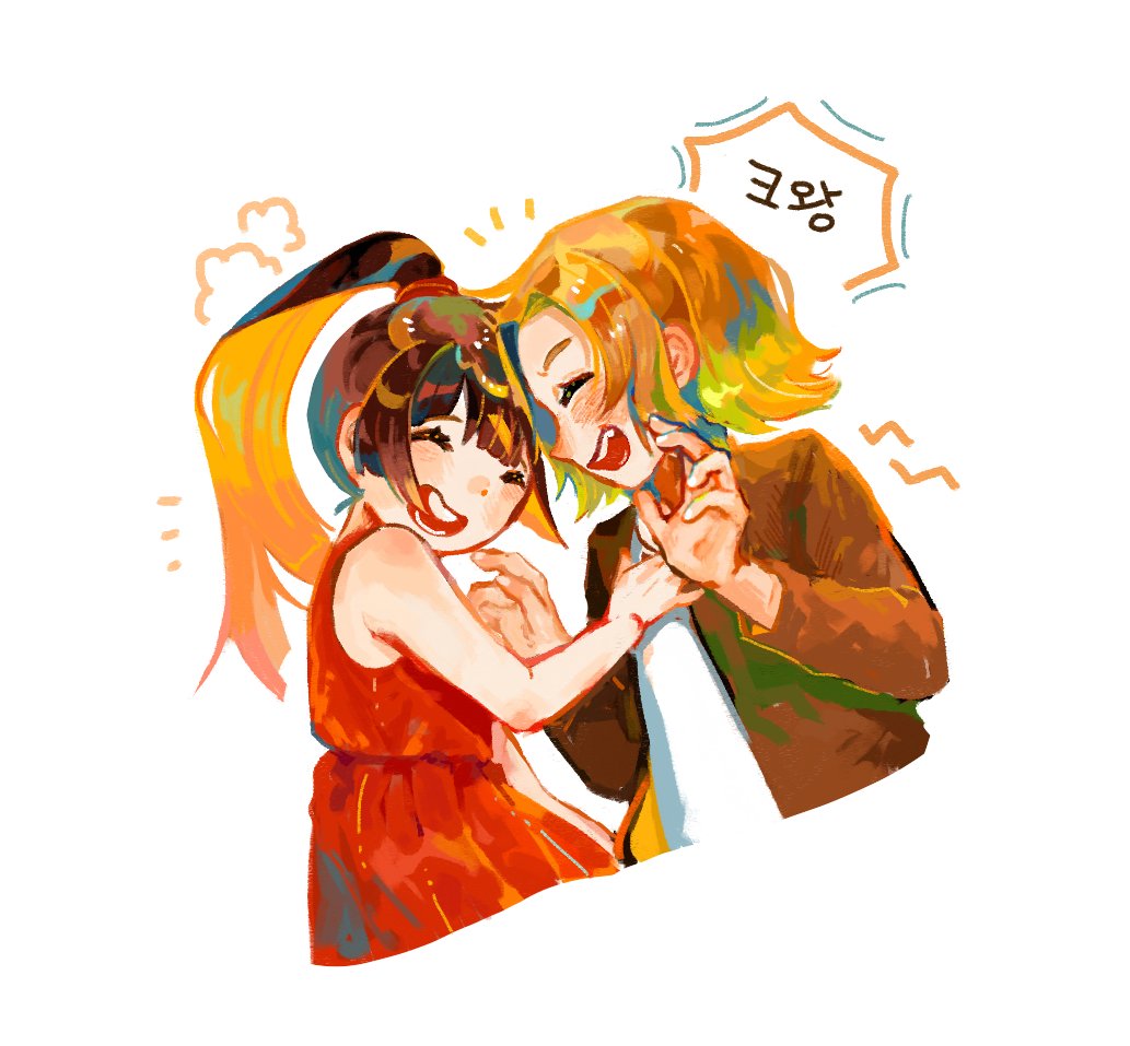 1boy, 1girl, bamtoast, brown_hair, brown_jacket, closed_eyes, commentary_request, dress