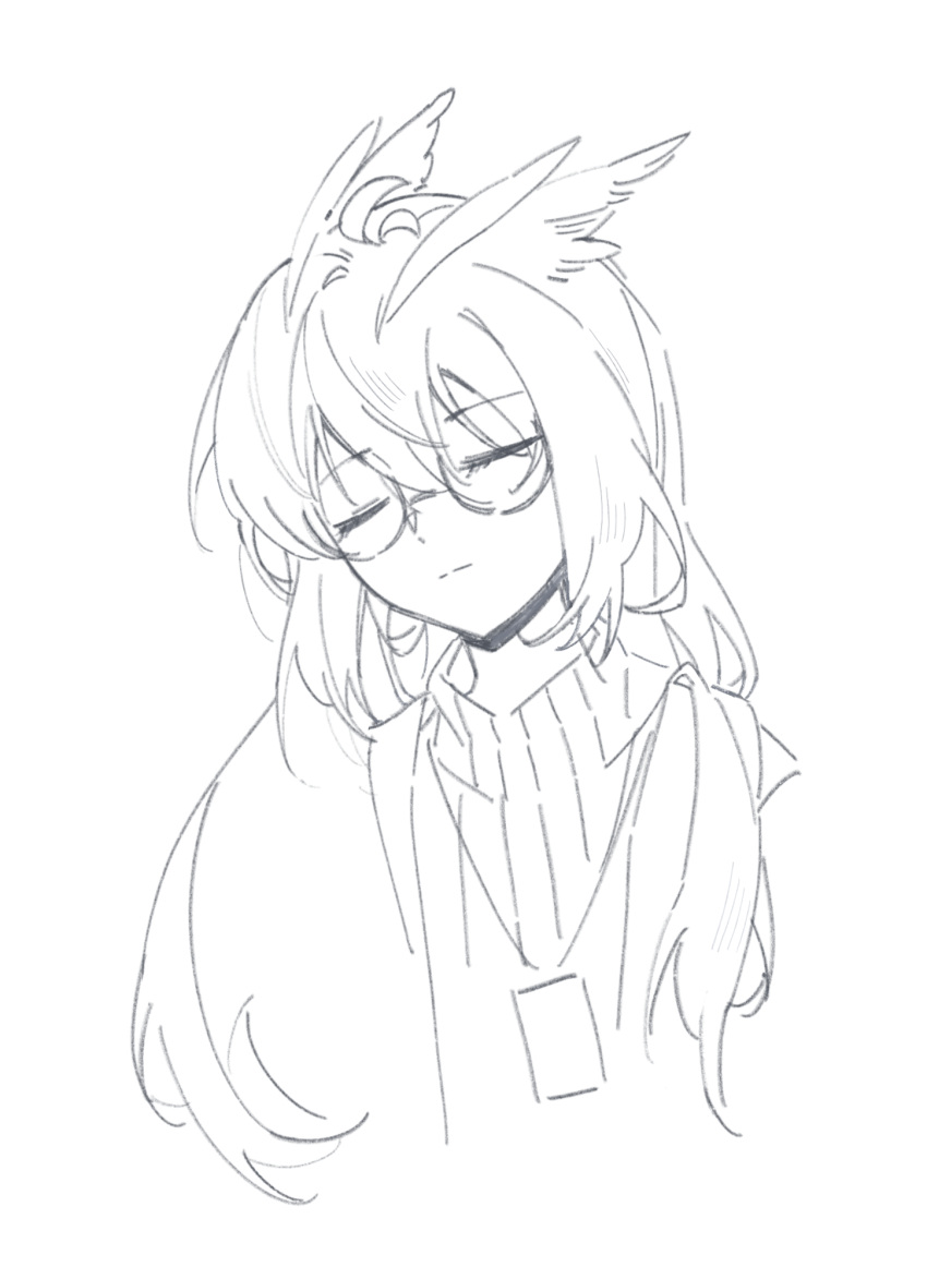 1girl, arknights, closed_eyes, closed_mouth, commentary_request, facing_viewer, glasses, greyscale, hair_between_eyes, highres, long_hair, monochrome, ribbed_sweater, semi-rimless_eyewear, silence_(arknights), solo, sweater, timesqiu, turtleneck, turtleneck_sweater, under-rim_eyewear