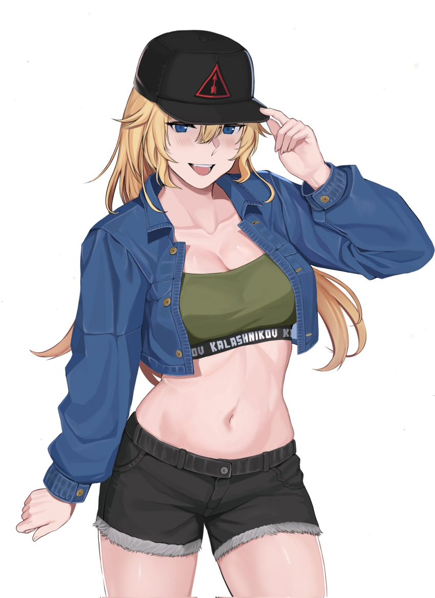 ak-47_(girls'_frontline), bad_link, blonde_hair, blue_eyes, crop_top, denim, denim_shorts, girls_frontline