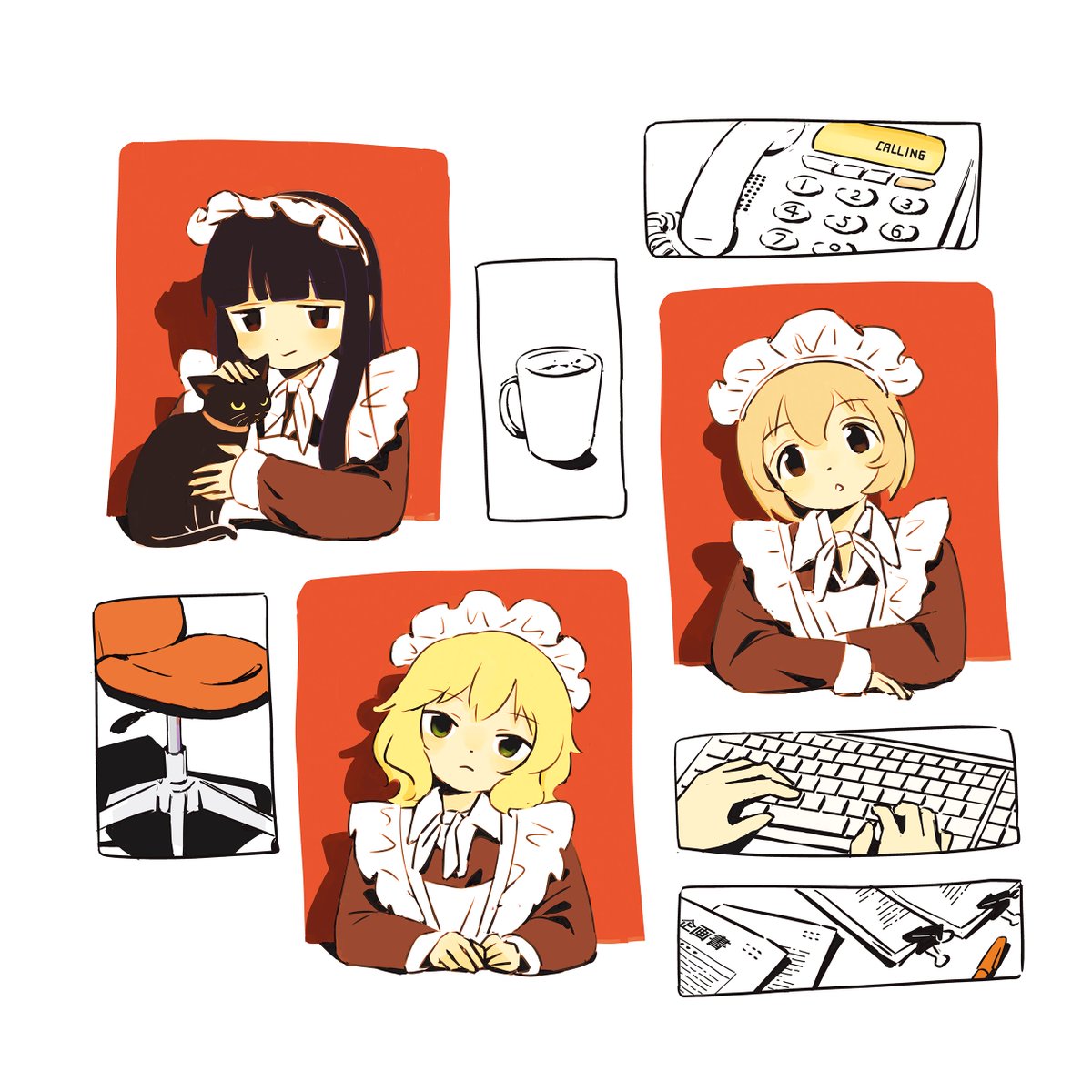 3girls, :o, alternate_costume, apron, binder_clip, black_cat, black_hair, blonde_hair