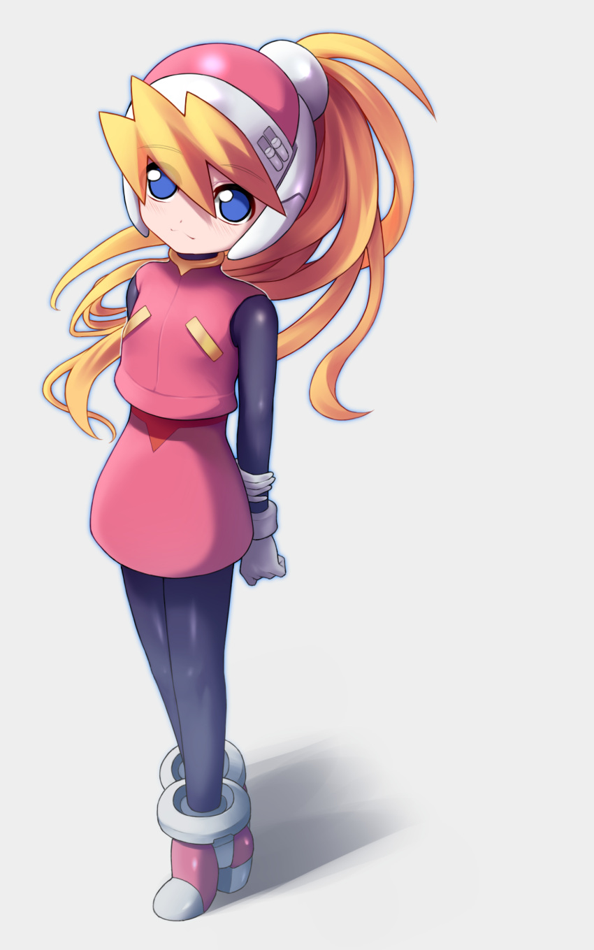 1girl, arms_behind_back, blonde_hair, blue_eyes, bodystocking, breasts, ciel_(mega_man), gloves