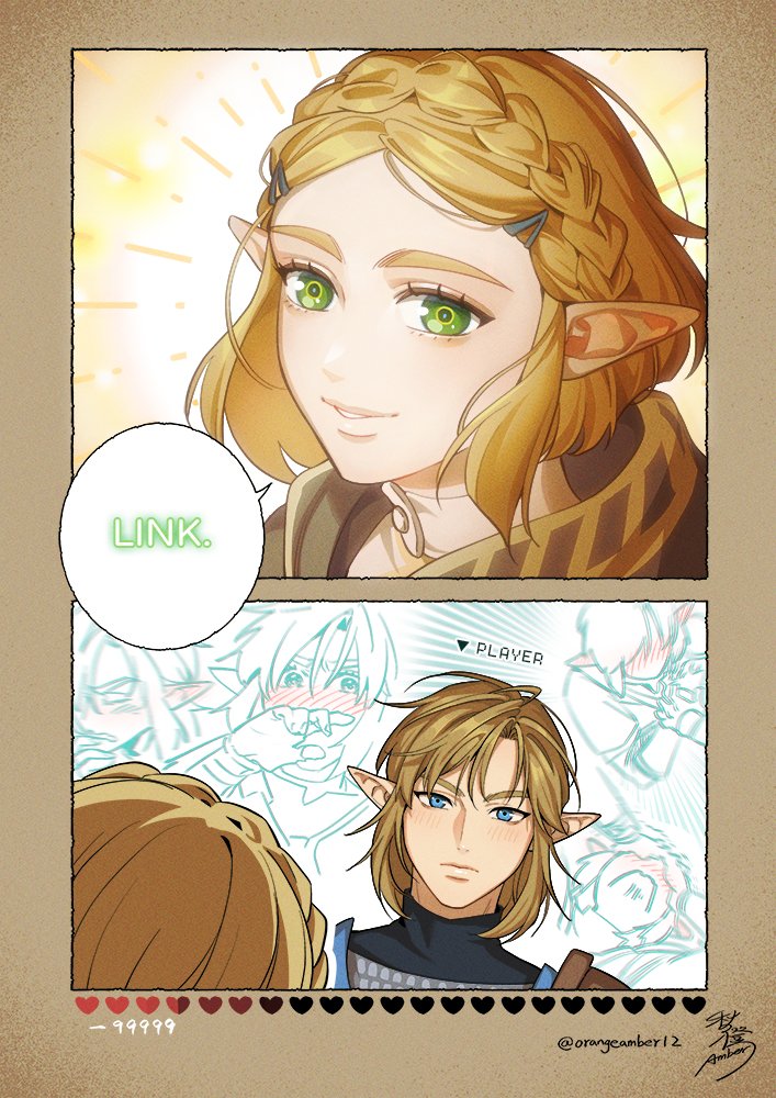 1boy, 1girl, amber_(orangeamber12), blonde_hair, blue_eyes, blush, braid, closed_mouth