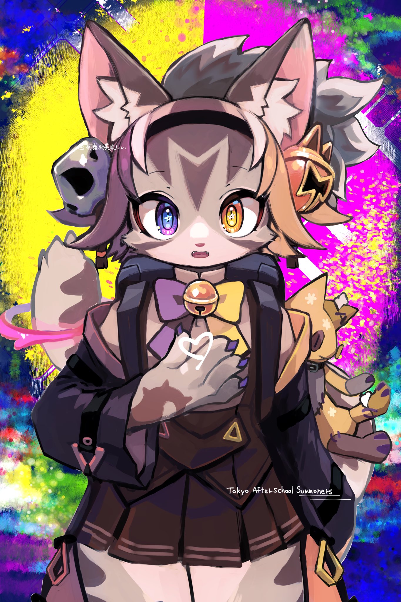 1girl, animal_ear_fluff, animal_ears, animal_nose, backpack, bag, bell, black_hairband, blonde_hair, cat_ears, cat_girl, cat_tail, chaba_ga_oishii, coat, commentary, copyright_name, fangs, furry, furry_female, grey_fur, grey_hair, hair_ornament, hairband, hand_on_own_chest, heart, heterochromia, high_ponytail, highres, jingle_bell, long_hair, looking_at_viewer, multicolored_background, multicolored_hair, off-shoulder_coat, off_shoulder, open_mouth, pleated_skirt, purple_hair, purple_nails, quantum_(housamo), randoseru, school_uniform, skirt, skull_hair_ornament, solo, star_(symbol), star_in_eye, stuffed_animal, stuffed_cat, stuffed_toy, symbol_in_eye, tail, tokyo_afterschool_summoners, twitter_username, two-tone_bowtie, upper_body, violet_eyes, yellow_eyes