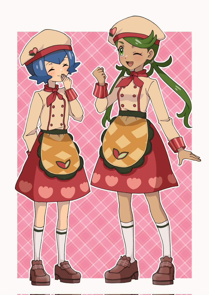 2girls, apron, blue_hair, closed_eyes, cosplay, full_body, green_eyes, green_hair, hat, highres, lana_(pokemon), long_hair, long_sleeves, mallow_(palentine's_2023)_(pokemon), mallow_(pokemon), mallow_(pokemon)_(cosplay), mizu_majuu_(waterman10), multiple_girls, official_alternate_costume, one_eye_closed, open_mouth, pokemon, pokemon_(game), pokemon_masters_ex, red_skirt, short_hair, skirt, socks, swept_bangs, twintails, waist_apron, white_headwear, white_socks