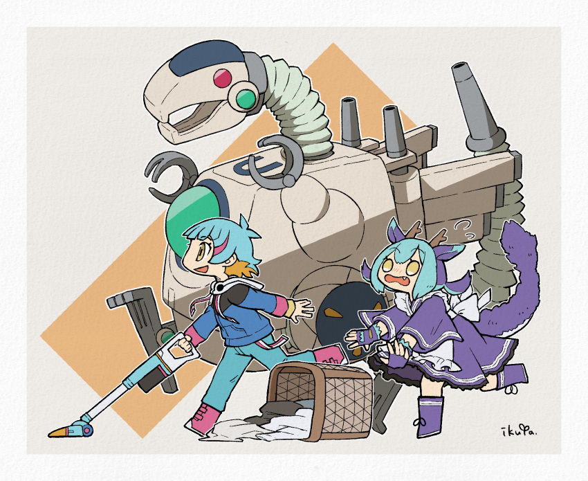 1boy, 1girl, appliancer_laundry_dragon, apron, blue_hair, blue_jacket, blue_pants, blush, border, dragon, dragon_girl, dragon_horns, dragon_tail, dress, duel_monster, fang, fingerless_gloves, gloves, highres, horns, ikuya_(mzns198), jacket, laundry, laundry_basket, laundry_dragonmaid, no_nose, non-humanoid_robot, open_mouth, pants, pink_footwear, purple_dress, roboppi, robot, robot_dragon, short_hair, signature, tail, vacuum_cleaner, white_apron, white_border, yellow_eyes, yu-gi-oh!, yu-gi-oh!_vrains