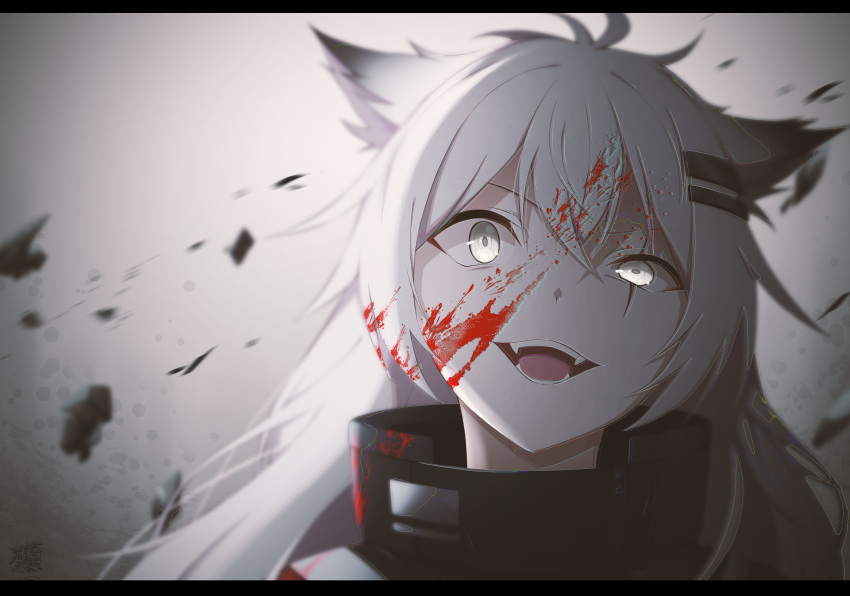 1girl, absurdres, animal_ears, arknights, blood, blood_on_face, commentary, fangs