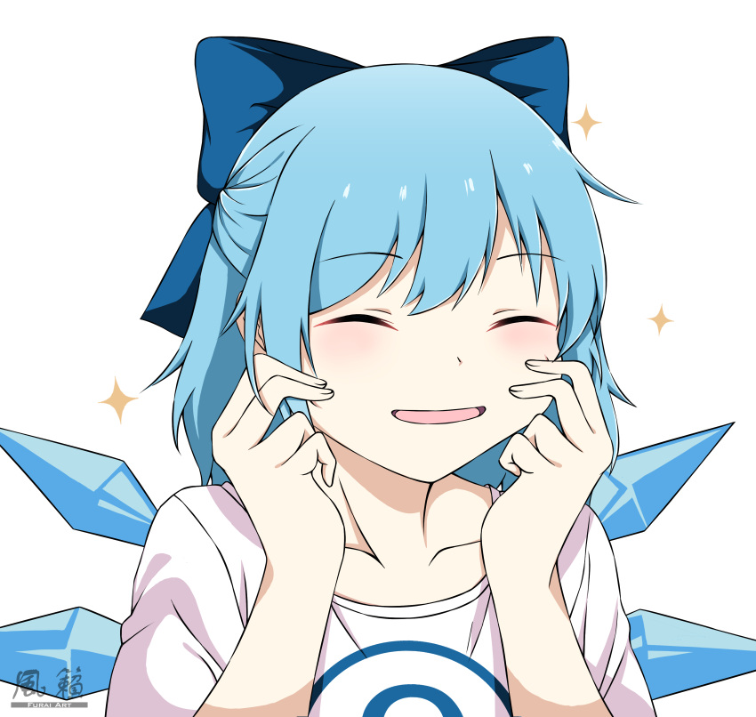 1girl, absurdres, alternate_costume, blue_bow, blue_hair, bow, circled_9, cirno