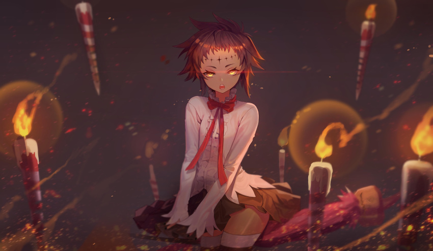 1girl, absurdres, black_hair, candle, chicken_(dalg-idalg), d.gray-man, dark-skinned_female, dark_skin, floating_candle, highres, looking_at_viewer, open_mouth, road_kamelot, sitting, solo, yellow_eyes
